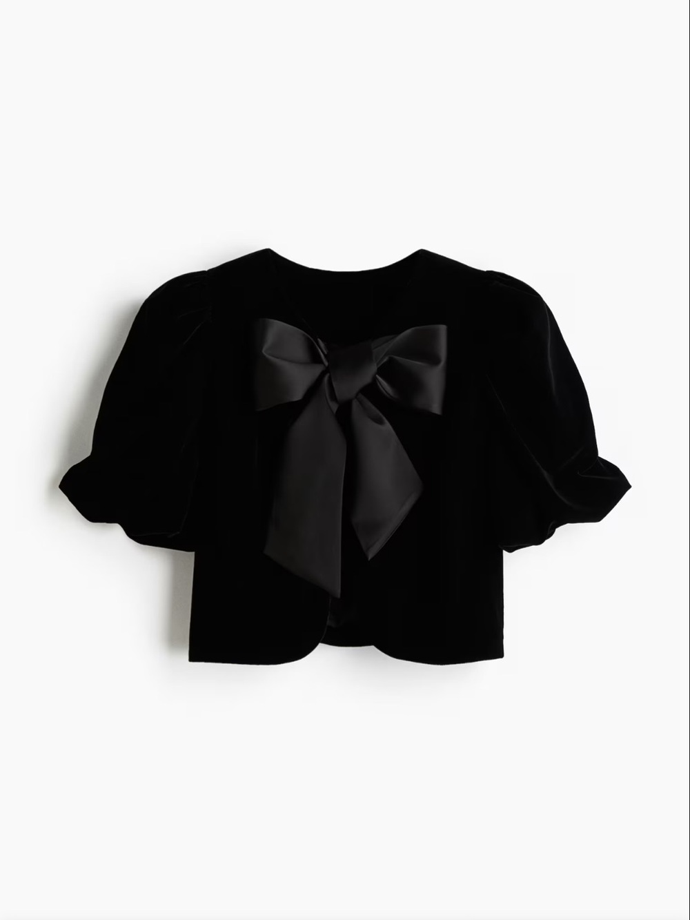 H&M Black Velvet Puff Sleeve Cropped Jacket with Bow